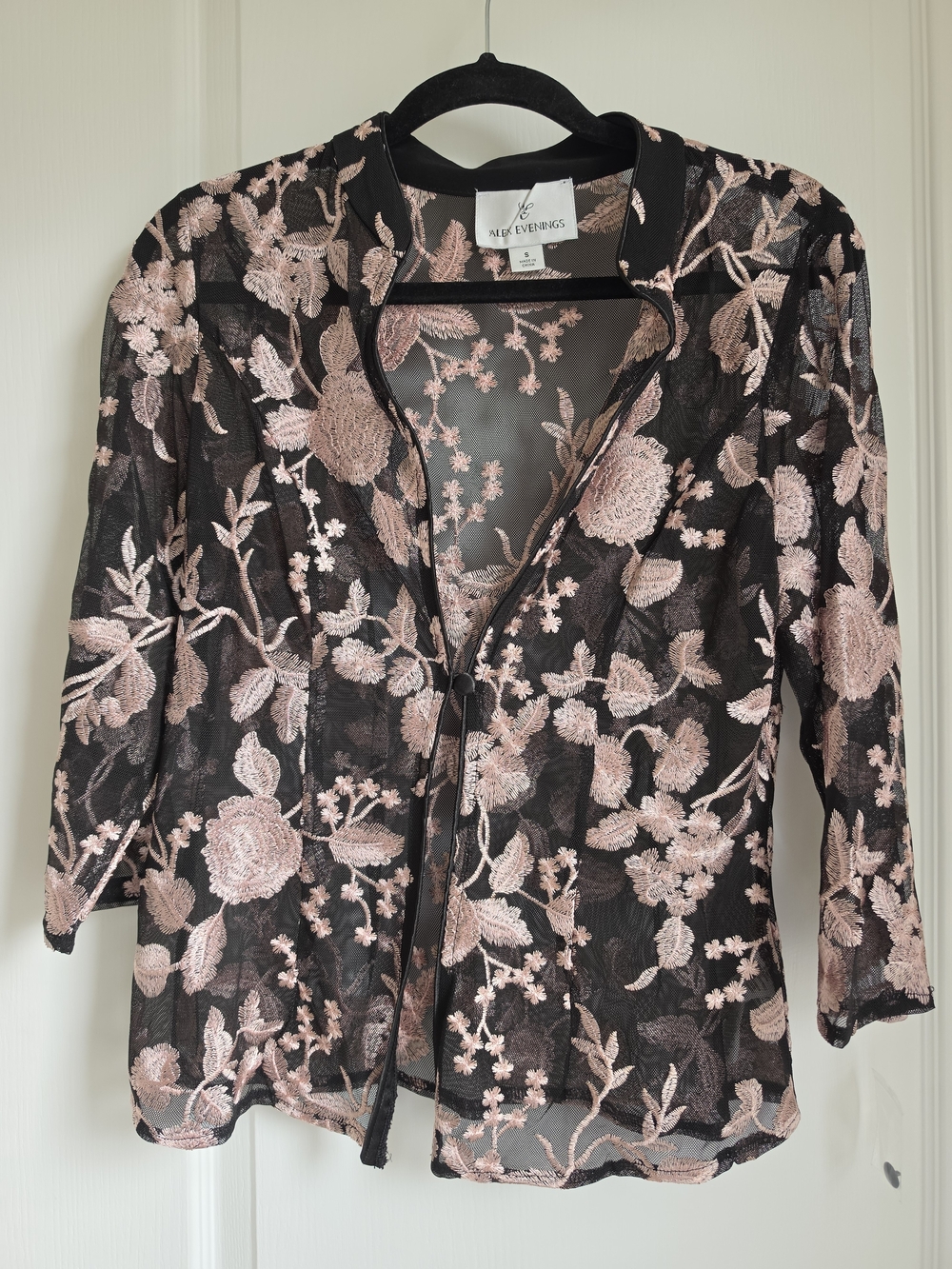 Alex Evenings Black Sheer Jacket with Blush Pink Floral Embroidery